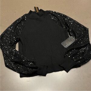 🔥NWOT Saks 5th Avenue - Joseph A Black Mock Neck Sweater w Sequin Sleeves - XL